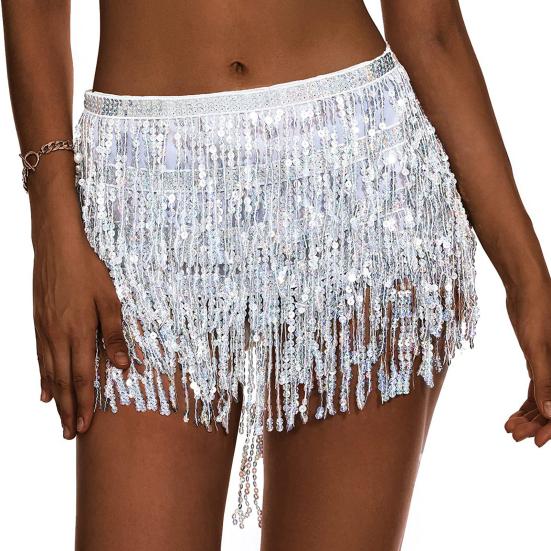 Belly Dance Sequin Tassel Skirt Sparkling Glitter Rave Fringe Mid-rise Skirt Solid Color Dance Parties Performances Skirt