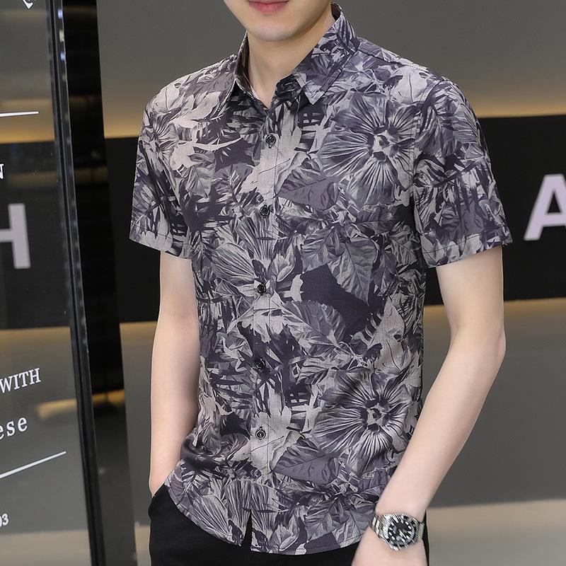 Shirt Men's Versatile Summer Trend Summer Gang Handsome Short-sleeved Ice Silk Shirt Short-sleeved Thin Section of Men's Casual Tops