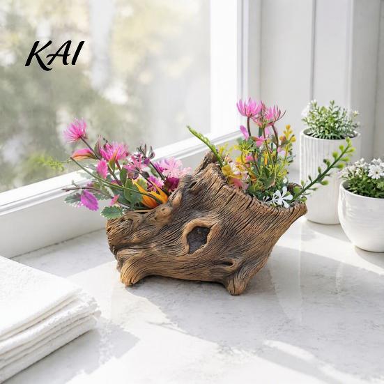 Durable Resin Succulent Pots Tree Stump Flowerpot for Succulents Small Plants, Imitation Wood Grain Planter Compact Flower Windowsills Indoor