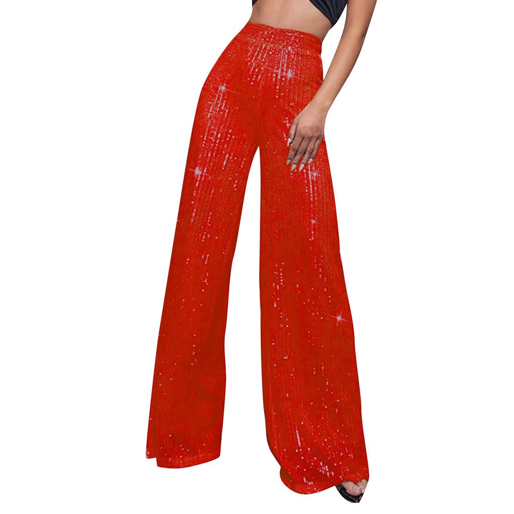Women's Fashion Solid Color High Waist Sequin Side Zipper Draped Wide Leg Pants