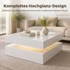 LED Coffee Table with Storage, 2-Tier Modern Centre Table with Open Shelf and Remote for Living Room, High Gloss White