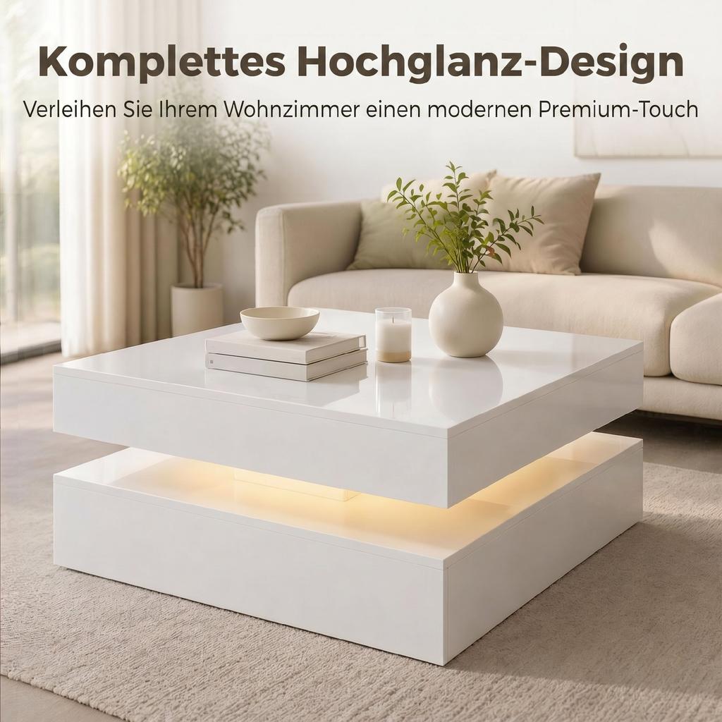 LED Coffee Table with Storage, 2-Tier Modern Centre Table with Open Shelf and Remote for Living Room, High Gloss White