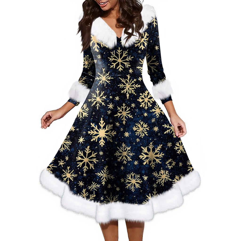 Женское модное повседневное платье с v-образным вырезом и рождественским принтом для вечеринки с длинными рукавами