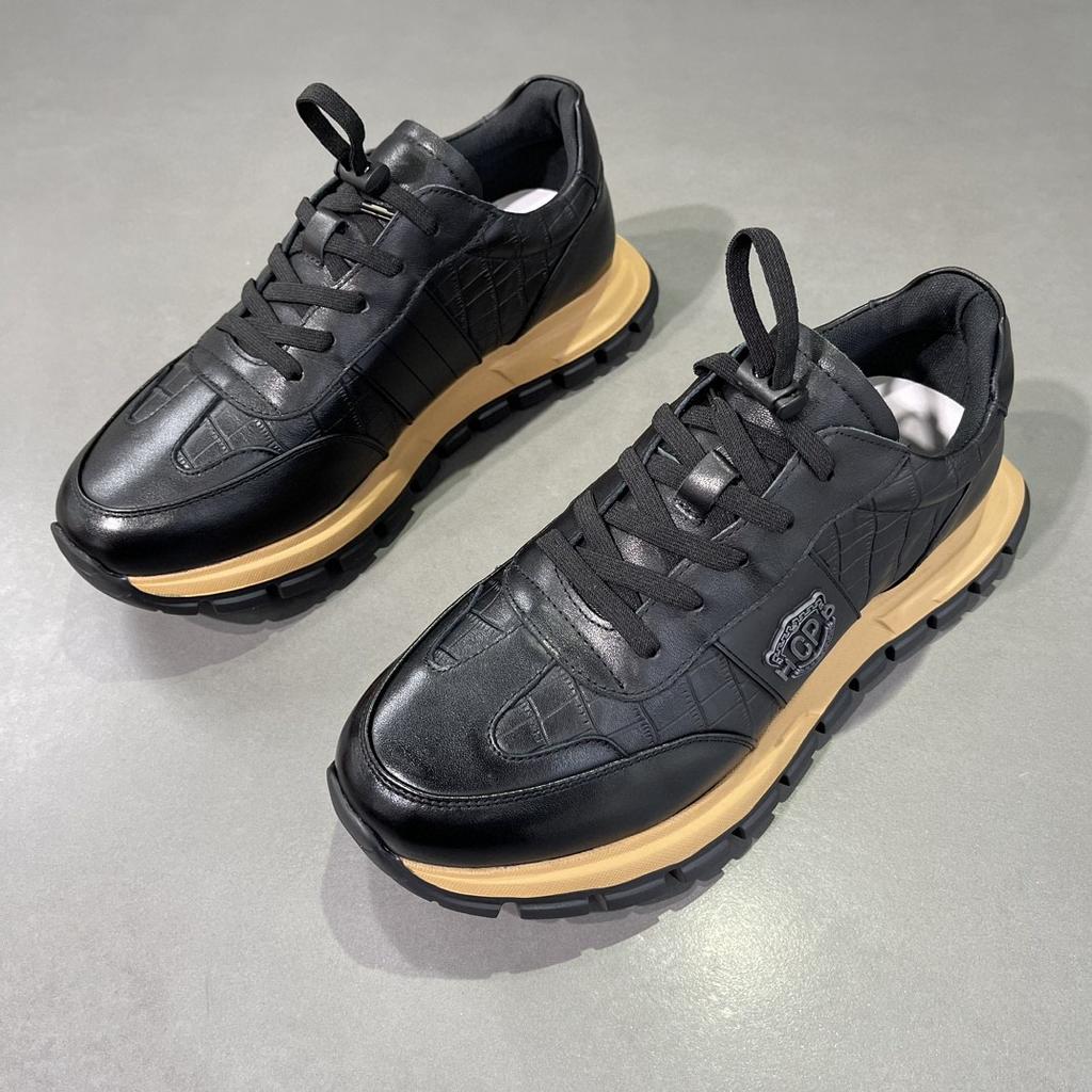 High-end Men's Real Cow Leather Casual Shoes Fashion European 2024 Autumn Winter Luxury Elegant Solid Color Black Sneakers