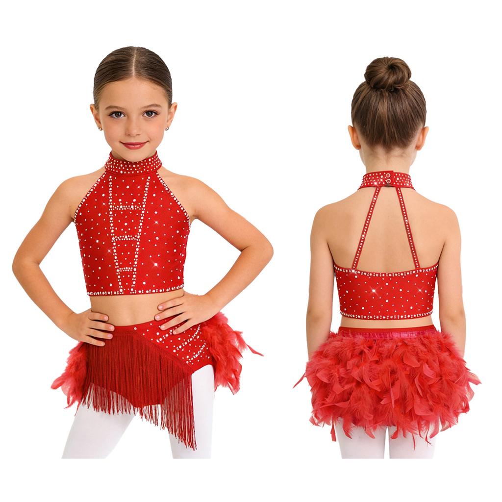 Блестящий костюм для танца с кисточками и перьями для девочек: Укороченный топ-халтер со спинкой на бретельках и юбка с эластичным поясом для сценического выступления