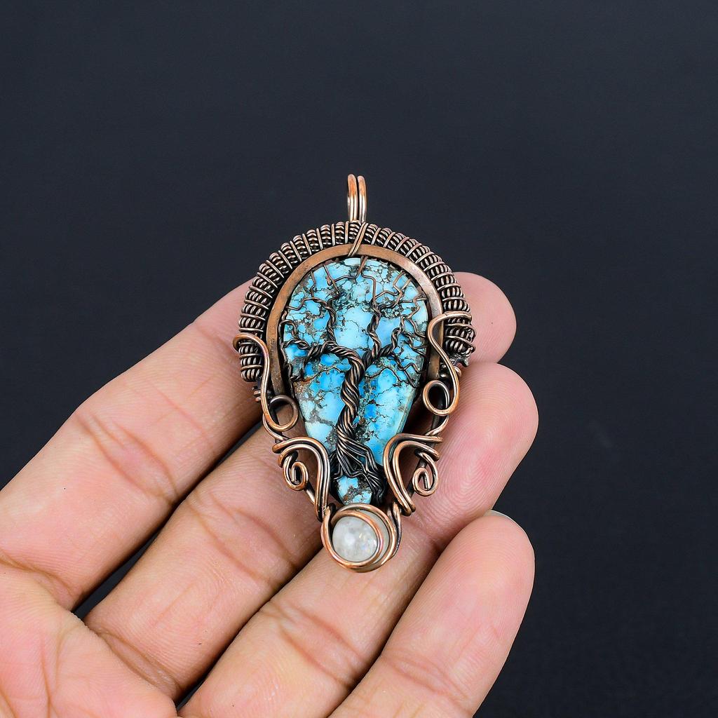 Blue Turquoise Handmade Gemstone Pendant, 999 Copper Wire Wrapped Antique Jewelry Pendant, For Engagement Gift