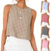 Summer New Women's Buttoned Crew Neck Sleeveless Plaid Cropped Tank Top for Leisure