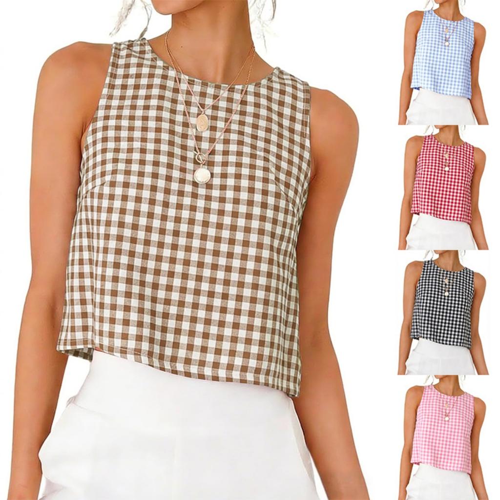 Summer New Women's Buttoned Crew Neck Sleeveless Plaid Cropped Tank Top for Leisure