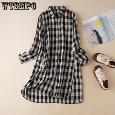 Рубашка в клетку, женская свободная рубашка средней длины, повседневный топ с длинными рукавами, летняя женская одежда
