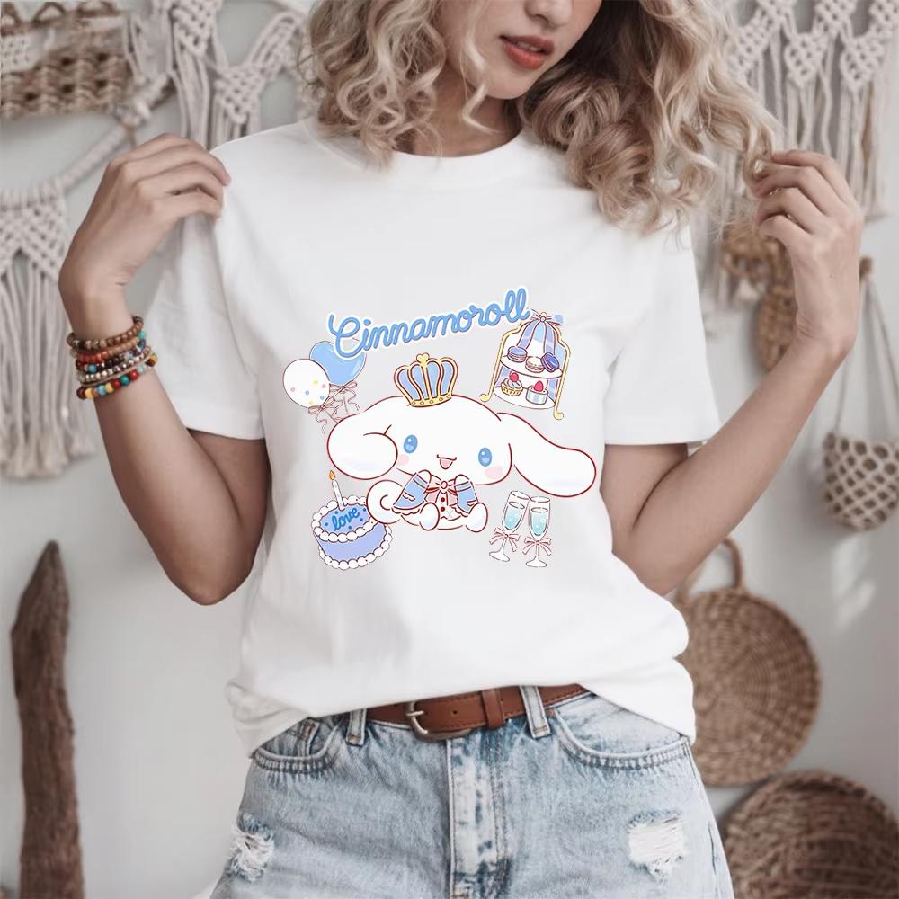 2026 Summer Womens Cinnamoroll Crown Celebration Print Cotton T Shirt Casual Fit Soft Breathable Summer Comfortable Daily Wear