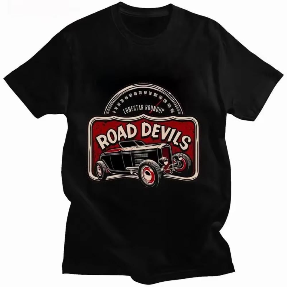 Vintage Road Devils Car T Shirt Men Summer New Arrival O-neck Industrial Style DIY Black T-shirts Leisure