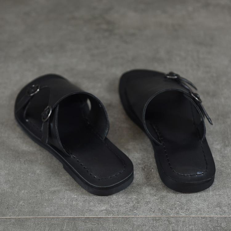 Johnature Retro Genuine Leather Flat Slippers Round Toe Solid Colors Soft Sole Women Outdoor Slides