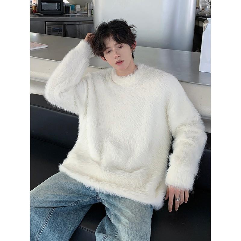 Mens Loose Fit Round Neck Knit Sweater Fuzzy Dark Gray Mohair Blend Warm Fall Winter Top