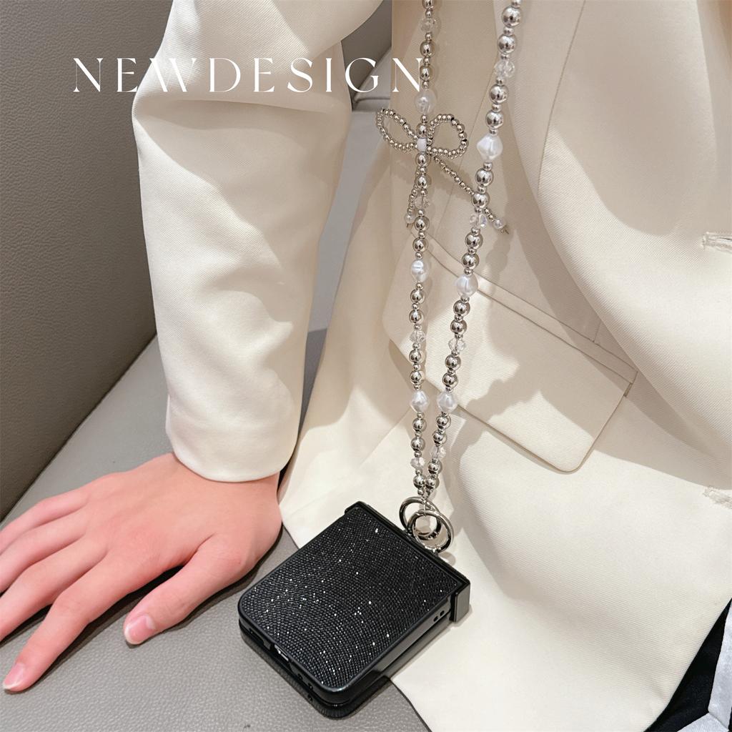 For Samsung Galaxy Z Flip7 FE 5G/Z Flip6 5G Case Hinge Protection Leather+PC Phone Cover with Crossbody Beaded Strap