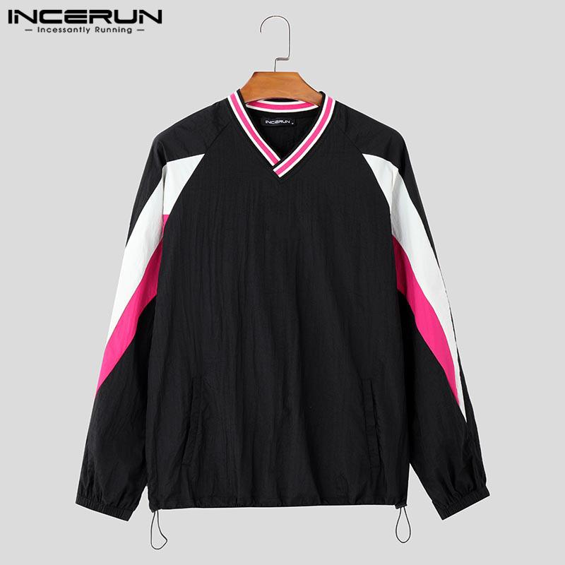 INCERUN Весенние мужские топы с V-образным вырезом и принтом, сшитые на заказ, с длинным рукавом, с завязками на подоле, футболки