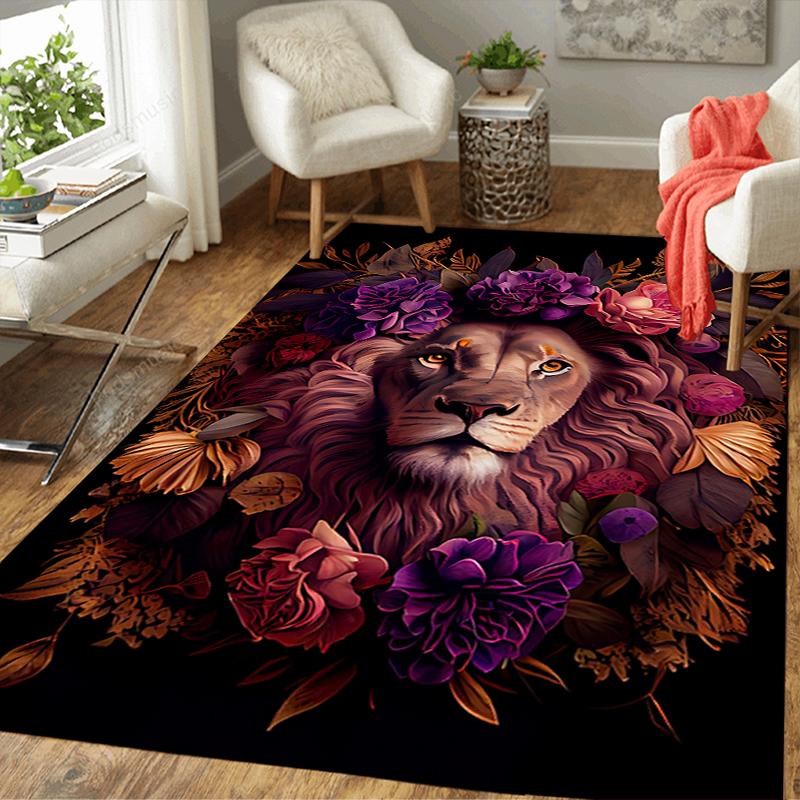 1Pc Lion Amidst Floral Splendor Rug, Office Carpet Indoor Outdoor Doormat, Non-Slip, Comfortable, Living, Christmas Halloween, Xmas Gift G1130
