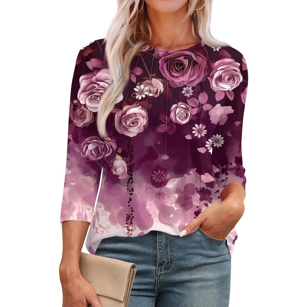 Женская модная повседневная футболка с круглым вырезом и рукавом семь четвертей в стиле ретро с принтом, плиссированная футболка