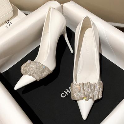 Туфли на высоком каблуке с бантом из замши, с острым носком, с темпераментом, в стиле «стразы», женские туфли-лодочки, стекло, с высоким чувством для деловых женщин