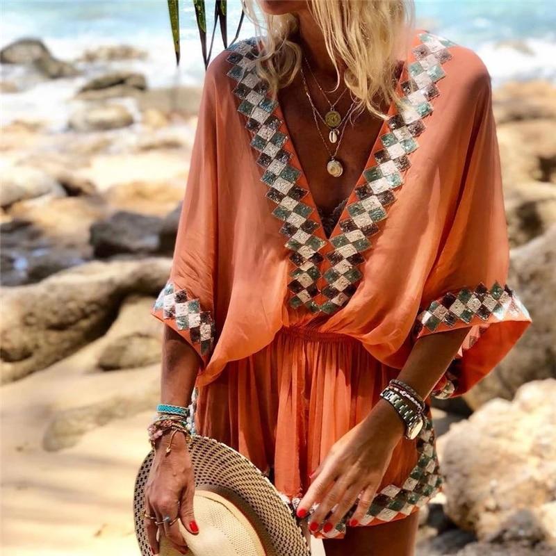 Dresses for Women 2023 Summer Vintage Clothes Deep V Neck Boho Chic Robe Femme Tunic Loose Beach Streetwear
