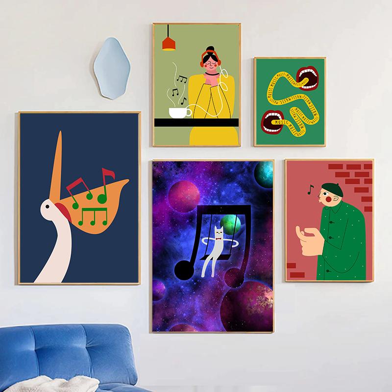 Забавный меломан, холст, живопись, постеры, принты, абстрактная девушка, играющая на гитаре, нота, настенное искусство для современной гостиной, домашний декор