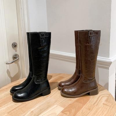 Версия из коровьей кожи, девушка из Гиндзы~ Ботинки средней высоты на толстой подошве из стираной лошадиной кожи с боковой молнией для детей, осенне-зимние рыцарские ботинки