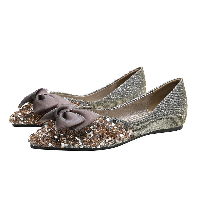 Мода 2024 года, новые классические туфли-лодочки с бантом, женские повседневные туфли на плоской подошве с бриллиантами, хит продаж, женская обувь больших размеров 41-43