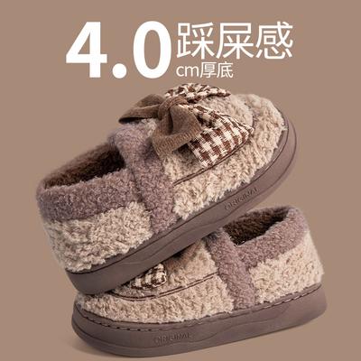 Слипоны с задником, хлопковые тапочки, женские осенне-зимние, для дома, теплая толстая подошва, нескользящие, велюровые, для улицы, с бантом, хлопковые шлепки, женские, зимние