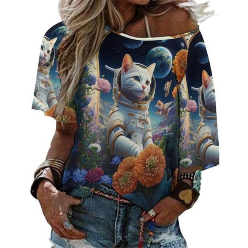 Летняя женская футболка с круглым вырезом, модная уличная футболка с коротким рукавом, 3D-принт с изображением кота, женская одежда больших размеров