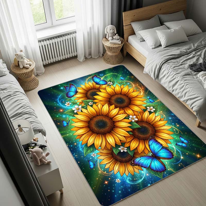 Sunflower Area Rug with Blue Stardust and Butterflies, Magical Galaxy Large Carpet for Bedroom Living Room Home Decor, Soft Floor Mat