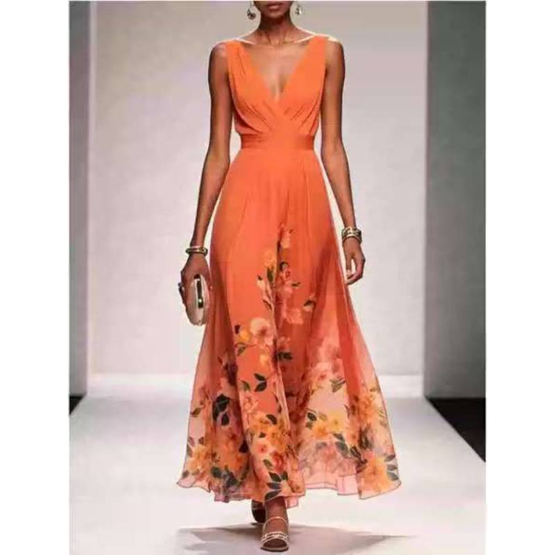 Summer Sexy V Neck Floral Chiffon Dress With Tie Waist For Casual And Party Wear