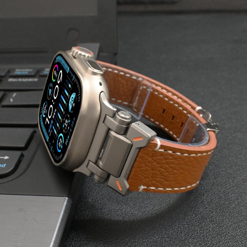Кожаный ремешок для Apple Watch Ultra 3/2 49мм 46мм 45 44мм Роскошный браслет Титановый цвет Ремешок для iWatch Серии 11 10 9 SE Петля