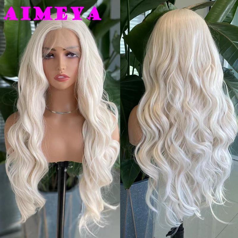 AIMEYA Platinum Blonde Synthetic Lace Front Wig Long Body Wave Natural Hairline Wigs Heat Resistant Fiber Hair Daily Use Csplay