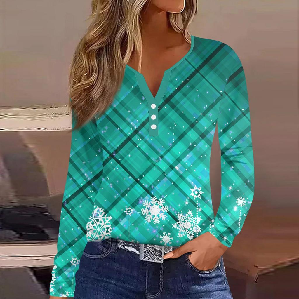 Женская футболка с прямыми плечами и рождественским принтом, длинными рукавами, прямыми плечами и V-образным вырезом на пуговицах