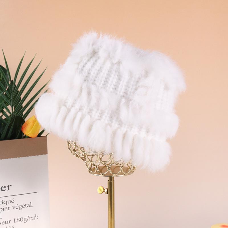 Winter Rabbit Fur Hat Female Face Small Versatile Hairy Bucket Hat Plush Knitted Wool Hat