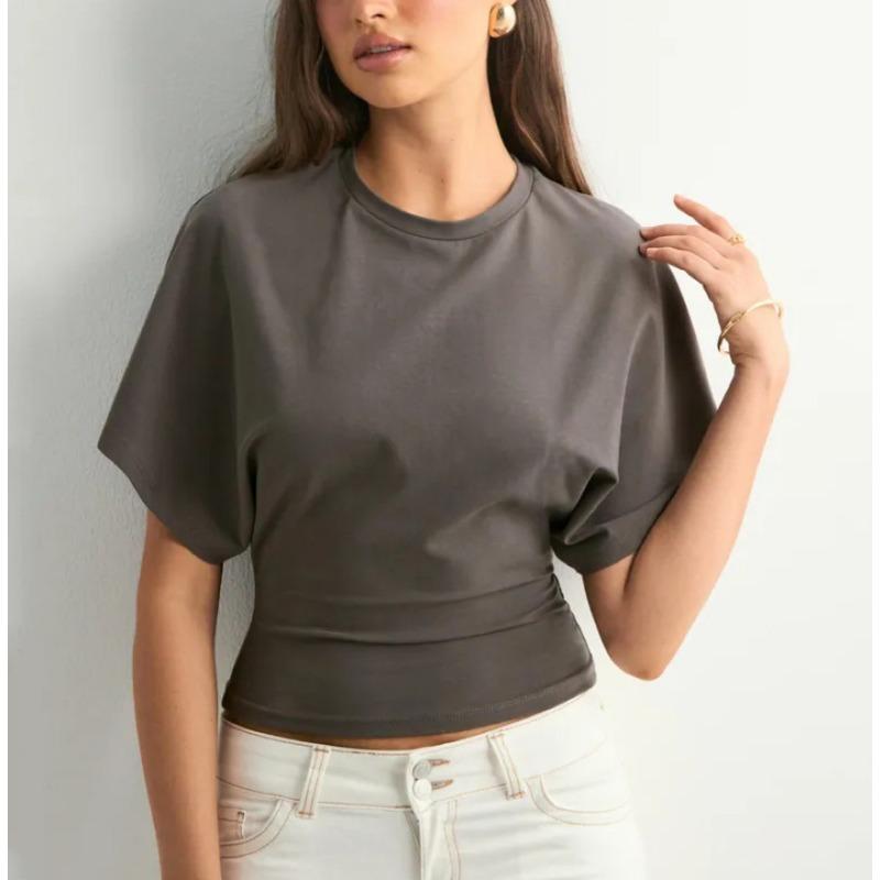 Женская футболка с круглым вырезом и короткими рукавами, модный дизайн, летний новый стиль, простая и универсальная однотонная свободная футболка