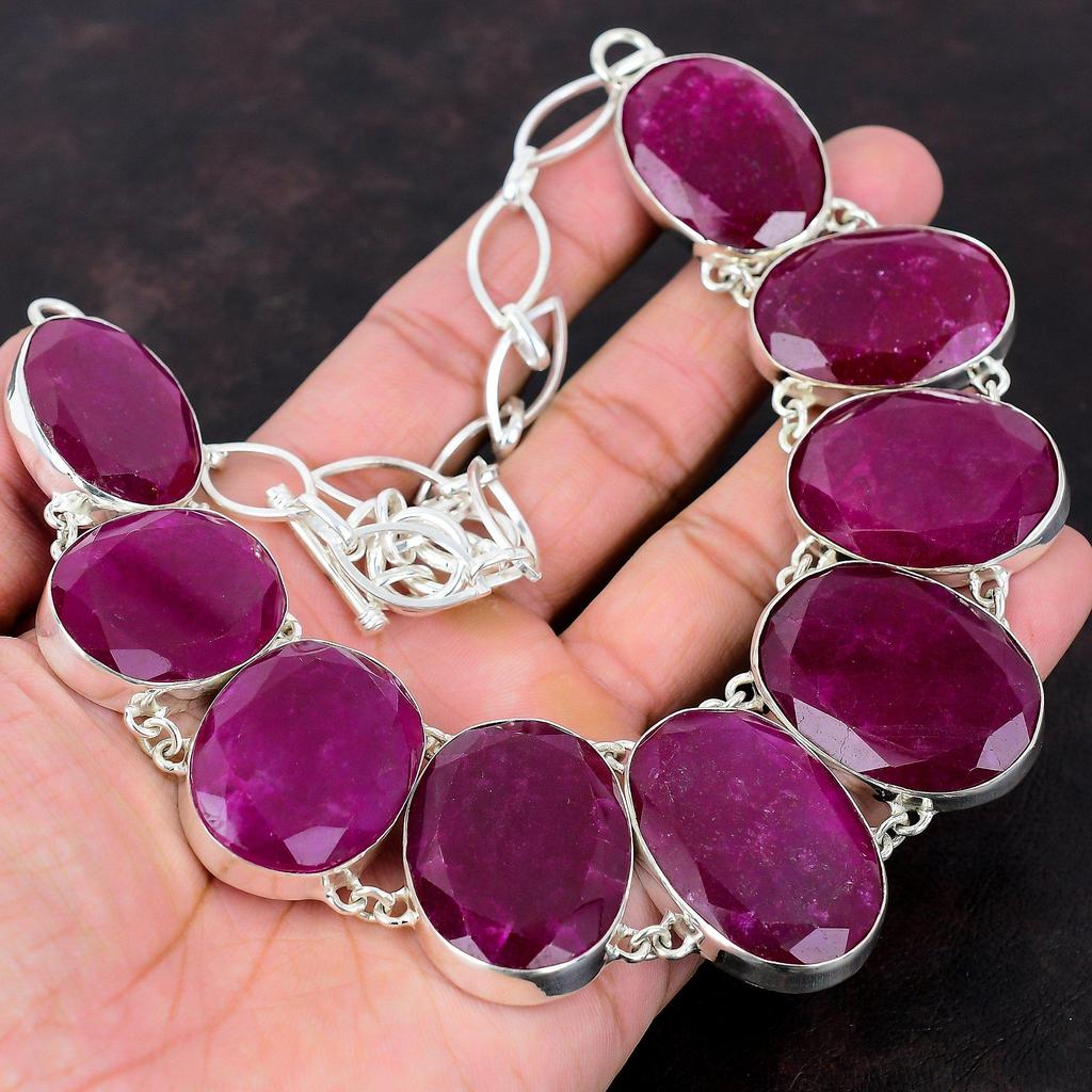 Ожерелье из граненого кашмирского рубина, ожерелье из стерлингового серебра 925 пробы, регулируемое ожерелье-цепочка, ювелирное изделие ручной работы из драгоценных камней, подарок для нее, стильное ожерелье