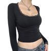 Women Lace Trim Short T-Shirts U-Neck Long Sleeve Shirts Spring Fall Slim Fit Tops Streetwear