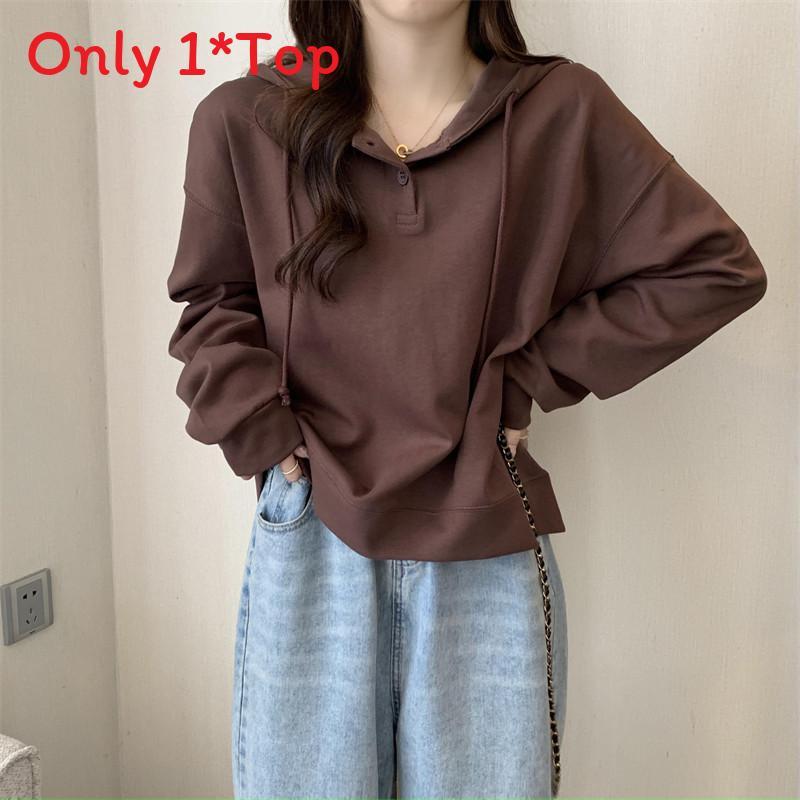 Womens Hoodie Spring Autumn Loose Fit Casual Sweater With Button Patches For Daily Wear