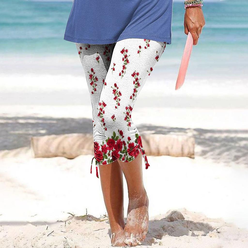 Women Summer Casual Pants Prints Cycling Short Elastic Waist Casual Vacation Skinny Leggings Cropped Trousers