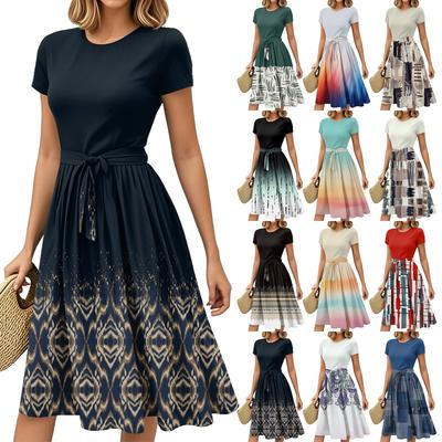 Женская мода Повседневный пояс С коротким рукавом Круглый вырез Геометрический принт Сплайсинг Элегантные платья с темпераментом