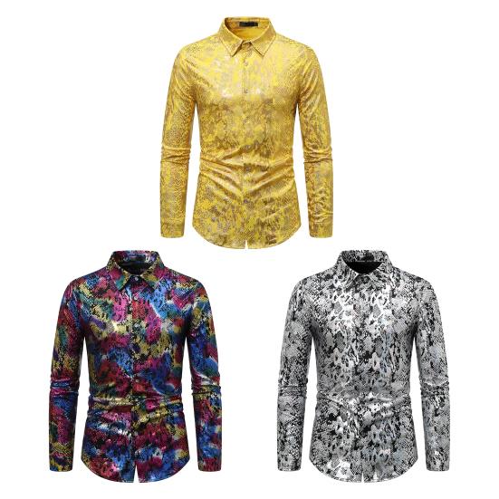 Мужская клубная рубашка с принтом под змеиную кожу, отложным воротником, облегающая рубашка на пуговицах с длинным рукавом, одежда для выступлений в ночном клубе