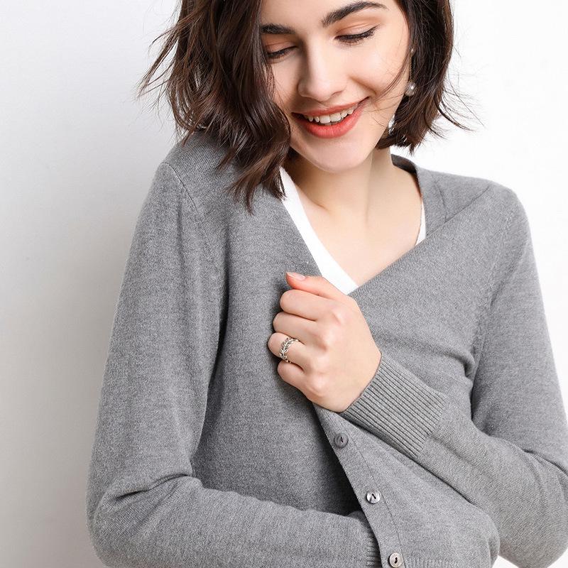 Женские кардиганы с длинным рукавом, вязаная верхняя одежда, однотонные тонкие весенне-осенние свитера, трикотажные изделия с V-образным вырезом, кардиганы в корейском стиле
