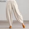 ZANZEA Женские летние хлопковые брюки, однотонные повседневные свободные шаровары с эластичной резинкой на талии