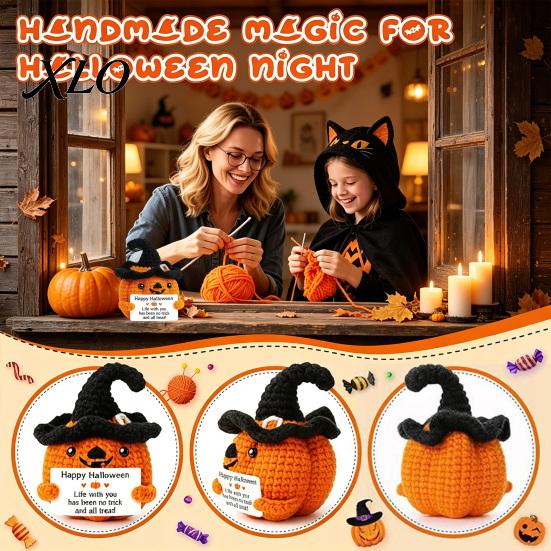 Halloween Crochet Pumpkin Decor Handmade Positive with Witch Hat, Fall Boo Basket Stuffer, Cozy Autumn Home Accents Mini Knitted Plush Figurine,