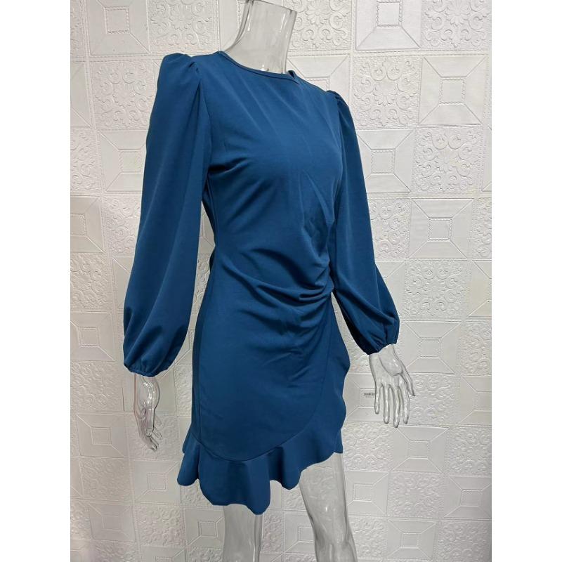 Весна-Осень Женское Платье с Рукавами-Бабочками Чистого Цвета Приталенный Покрой Облегающее Платье с Поясом