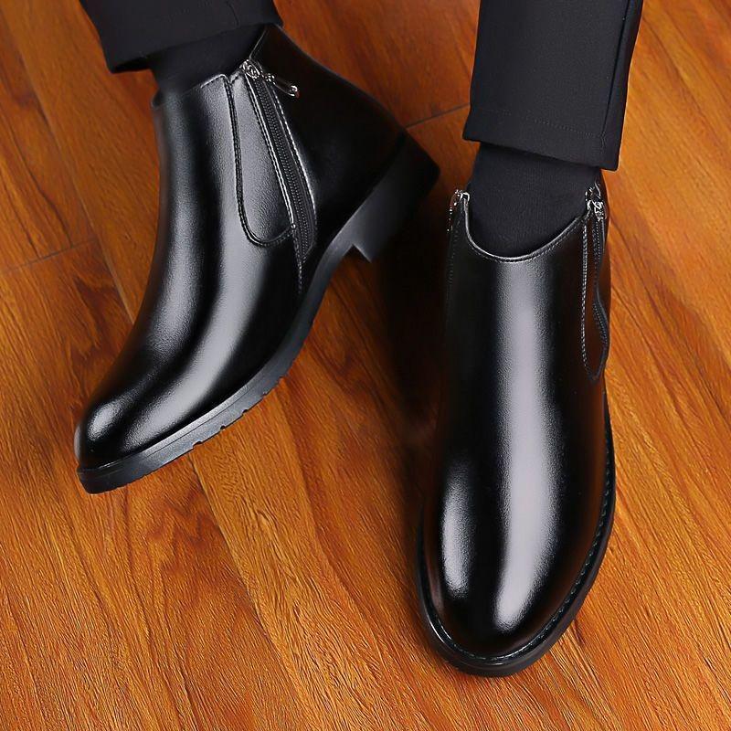 [Leather Wool] Winter New Cotton Shoes Men's Piled Thickened Warm High-top Shoes Inner Heightening Leather Shoes