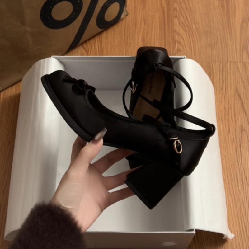 Черные французские туфли-лодочки с толстым каблуком, женские, весна-осень 2025 года, юбка в стиле ретро, туфли Мэри Джейн на высоком каблуке