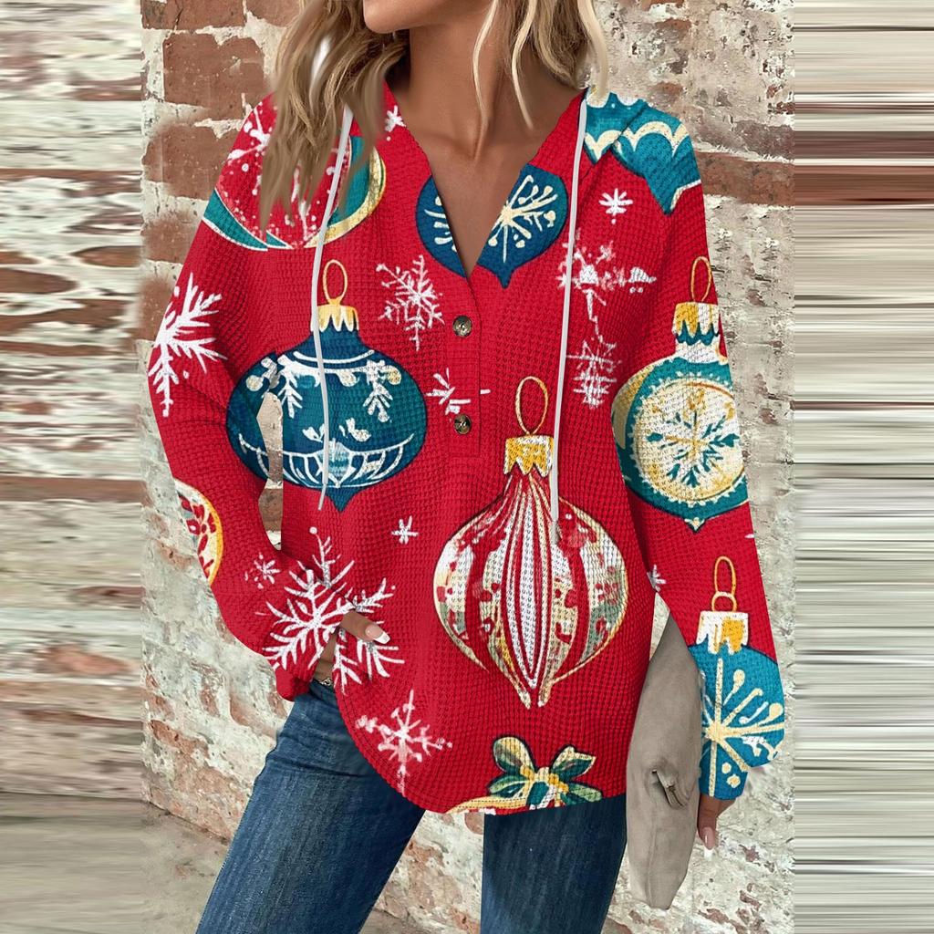 Женский повседневный топ с длинными рукавами, пуговицами, V-образным вырезом, рождественским принтом, завязками и капюшоном