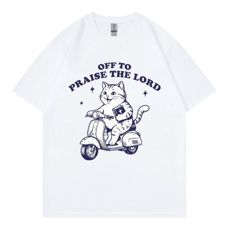 Off To Praise The Lord Christian T Shirt Funny Cat On Scooter With Bible Meme Tshirts Unisex Unisex Casual Fashion Loose Tshirt