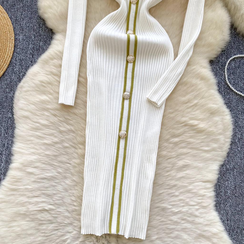 Autumn Winter Women Knitted Dresses 2024 Vintage Patchwork Striped Long Sleeve Bodycon Sexy Chic Long Dress